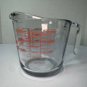 Vintage Anchor Hocking Glass Measuring Cup 4 Cups / 1 Quart / 32 oz Red Markings